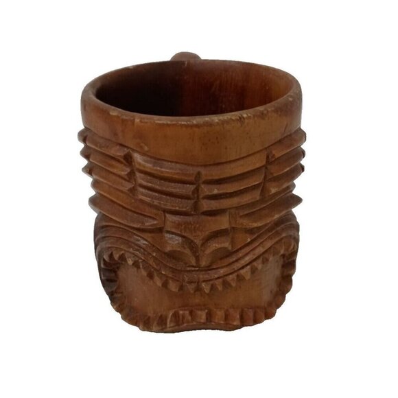 Vintage Hand Carved Tribal Wood Beer Mug Tiki Bar Polynesian Cup Hawaiian Decor - Picture 3 of 10